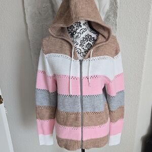 Striped Pink, White, Brown and Gray Women's Hooded Sweater